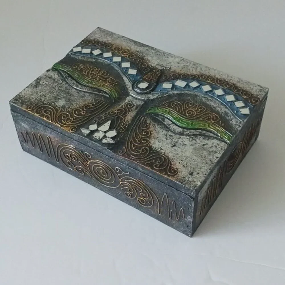 Face of Buddha VTG Wooden Jewelry Box W Mirrors Details 7